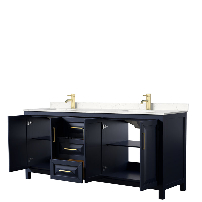 Wyndham Daria 80" Double Bathroom Vanity In Dark Blue Light-Vein Carrara Cultured Marble Countertop Undermount Square Sinks and No Mirror WCV252580DBLC2UNSMXX