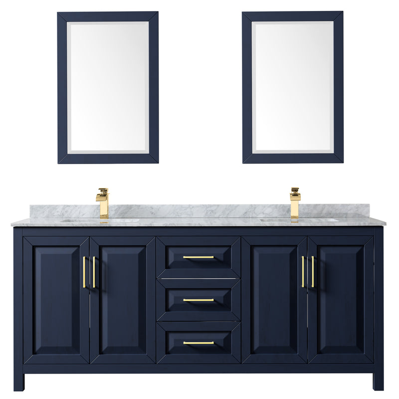 Wyndham Daria 80" Double Bathroom Vanity In Dark Blue White Carrara Marble Countertop Undermount Square Sinks and 24" Mirrors WCV252580DBLCMUNSM24