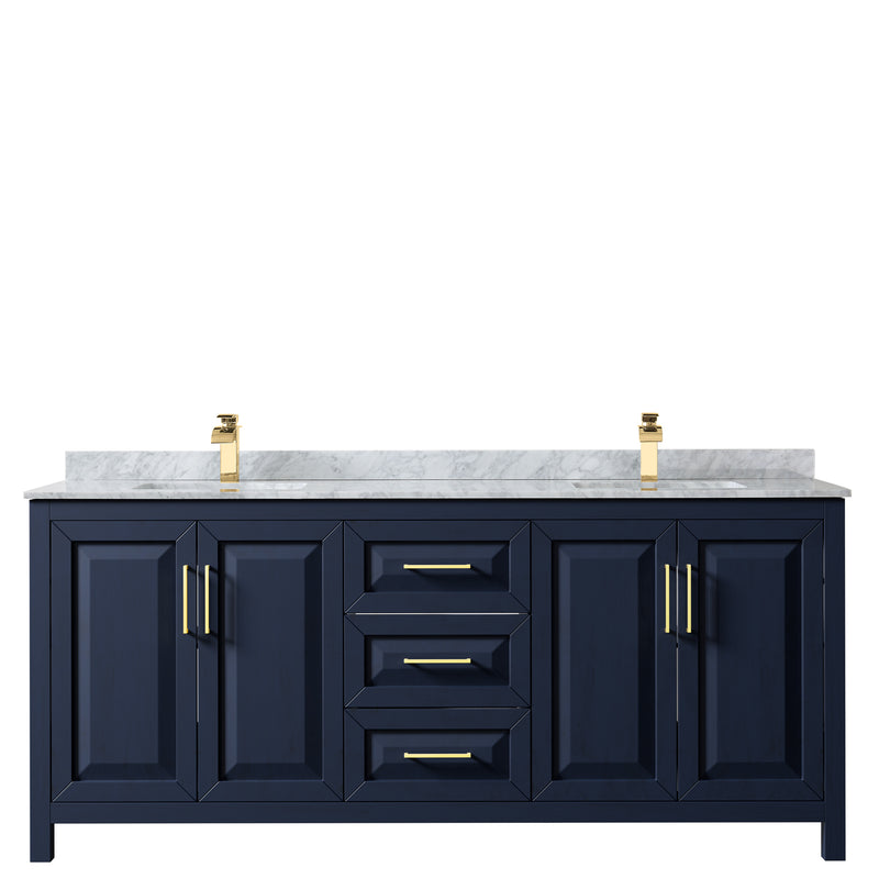 Wyndham Daria 80" Double Bathroom Vanity In Dark Blue White Carrara Marble Countertop Undermount Square Sinks and No Mirror WCV252580DBLCMUNSMXX