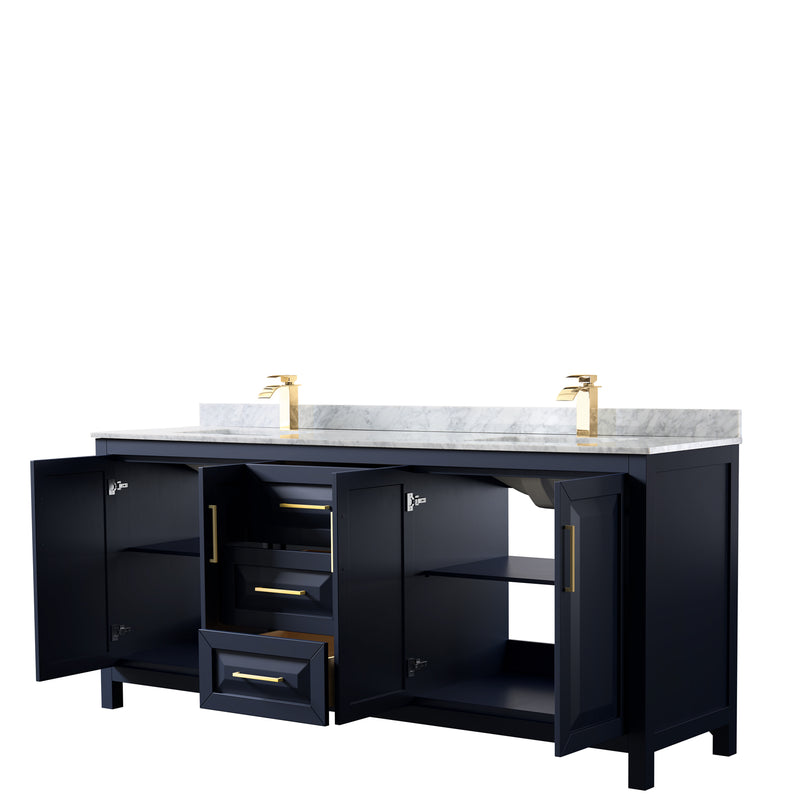 Wyndham Daria 80" Double Bathroom Vanity In Dark Blue White Carrara Marble Countertop Undermount Square Sinks and No Mirror WCV252580DBLCMUNSMXX