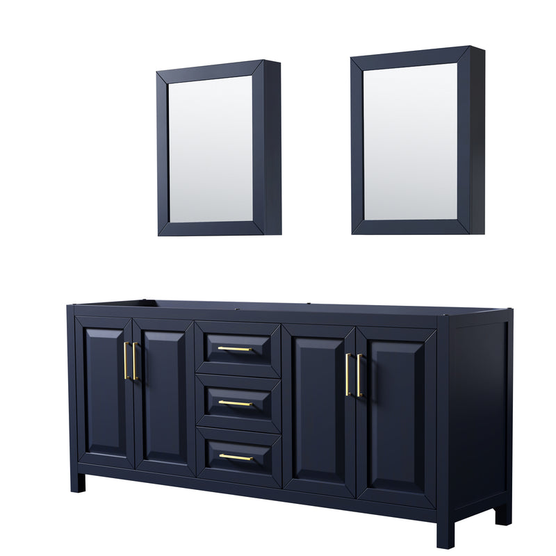 Wyndham Daria 80" Double Bathroom Vanity In Dark Blue No Countertop No Sink And Medicine Cabinets WCV252580DBLCXSXXMED