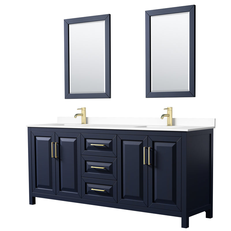 Wyndham Daria 80" Double Bathroom Vanity In Dark Blue White Cultured Marble Countertop Undermount Square Sinks And 24" Mirrors WCV252580DBLWCUNSM24