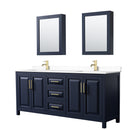 Wyndham Daria 80" Double Bathroom Vanity In Dark Blue White Cultured Marble Countertop Undermount Square Sinks And Medicine Cabinets WCV252580DBLWCUNSMED