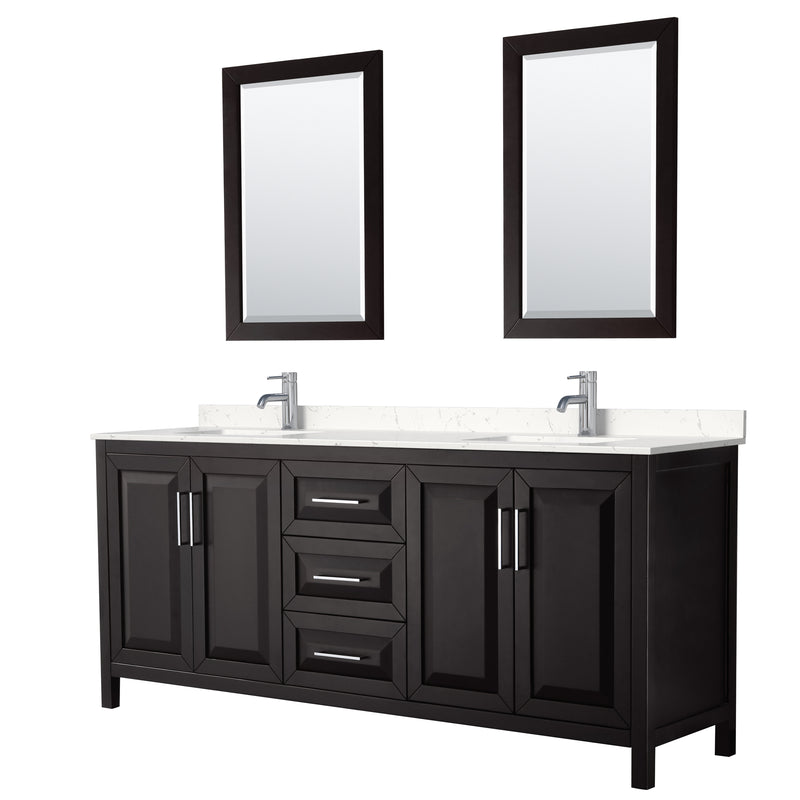 Wyndham Daria 80" Double Bathroom Vanity In Dark Espresso Light-Vein Carrara Cultured Marble Countertop Undermount Square Sinks And 24" Mirrors WCV252580DDEC2UNSM24