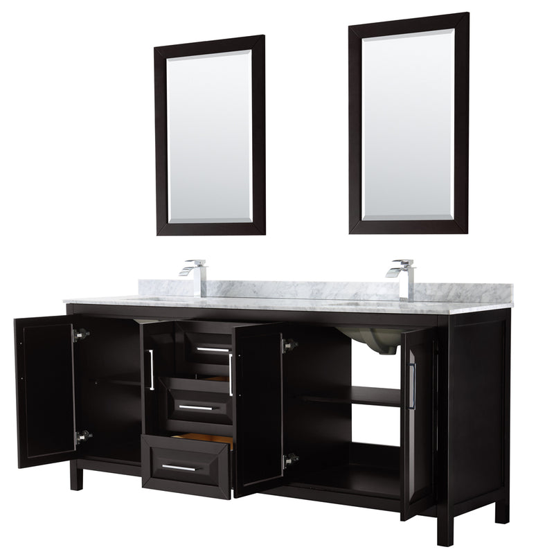 Wyndham Daria 80" Double Bathroom Vanity In Dark Espresso White Carrara Marble Countertop Undermount Square Sink and 24" Mirror WCV252580DDECMUNSM24