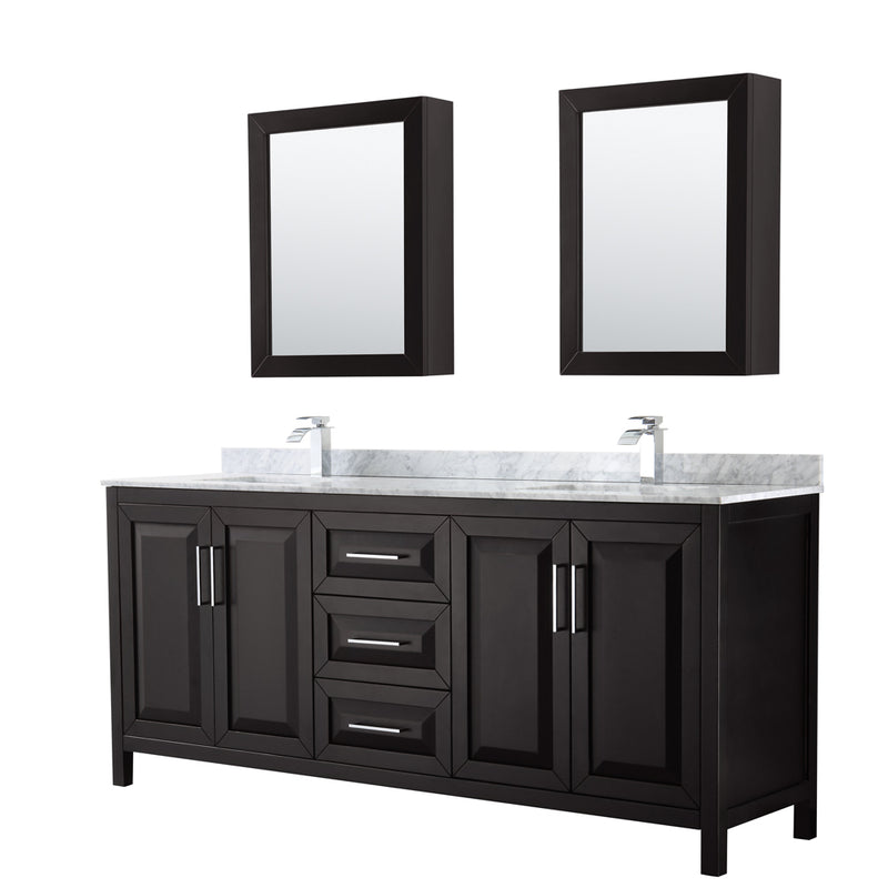 Wyndham Daria 80" Double Bathroom Vanity In Dark Espresso White Carrara Marble Countertop Undermount Square Sink And Medicine Cabinet WCV252580DDECMUNSMED