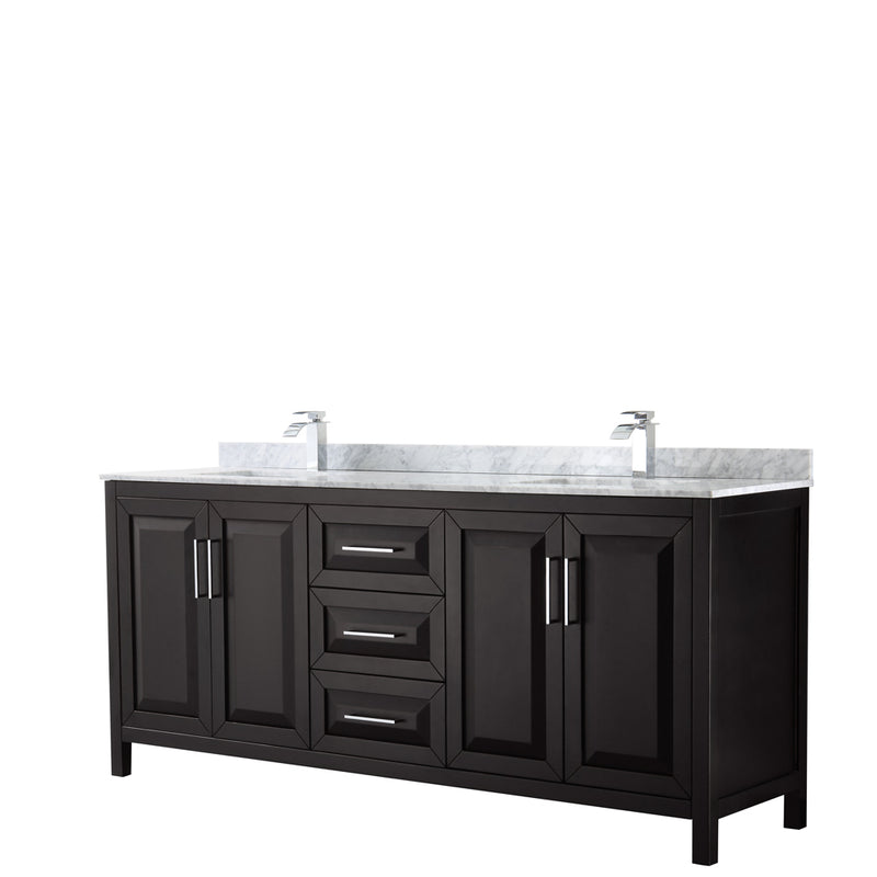 Wyndham Daria 80" Double Bathroom Vanity In Dark Espresso White Carrara Marble Countertop Undermount Square Sink And No Mirror WCV252580DDECMUNSMXX