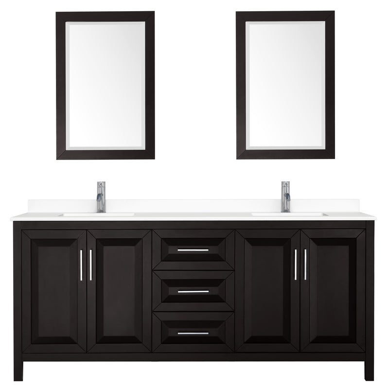 Wyndham Daria 80" Double Bathroom Vanity In Dark Espresso White Cultured Marble Countertop Undermount Square Sinks and 24" Mirrors WCV252580DDEWCUNSM24