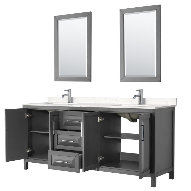 Wyndham Daria 80" Double Bathroom Vanity In Dark Gray Light-Vein Carrara Cultured Marble Countertop Undermount Square Sinks and 24" Mirrors WCV252580DKGC2UNSM24