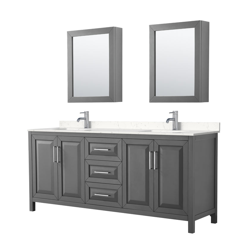 Wyndham Daria 80" Double Bathroom Vanity In Dark Gray Light-Vein Carrara Cultured Marble Countertop Undermount Square Sinks And Medicine Cabinets WCV252580DKGC2UNSMED