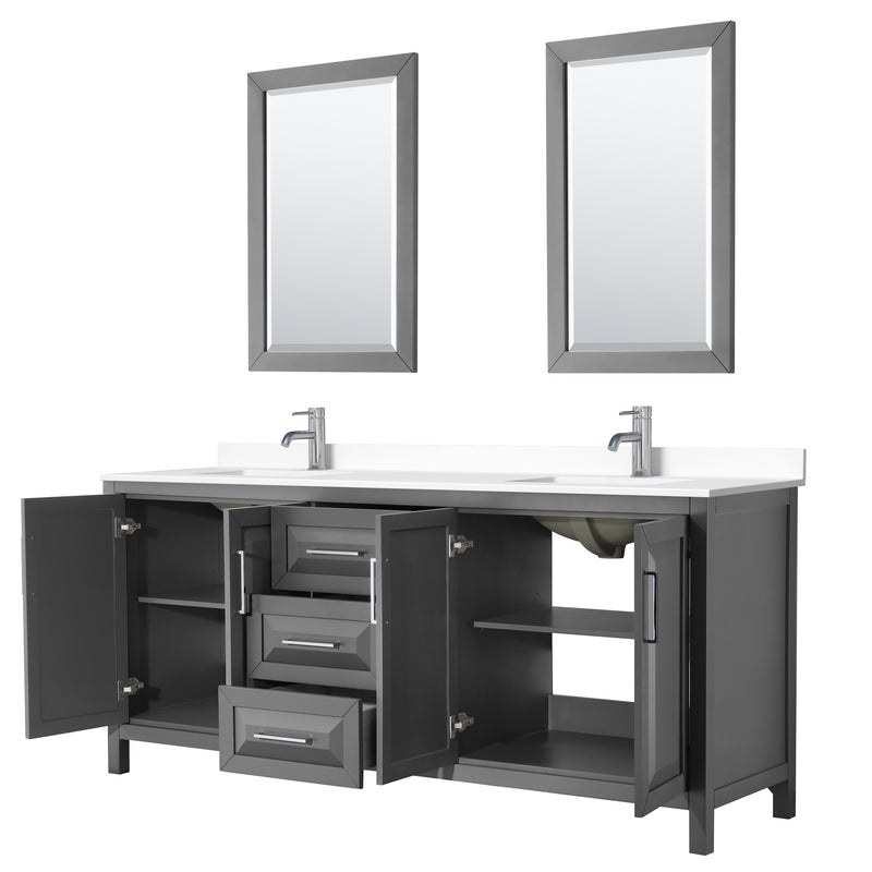 Wyndham Daria 80" Double Bathroom Vanity In Dark Gray White Cultured Marble Countertop Undermount Square Sinks and 24" Mirrors WCV252580DKGWCUNSM24