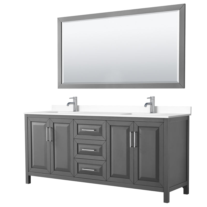 Wyndham Daria 80" Double Bathroom Vanity In Dark Gray White Cultured Marble Countertop Undermount Square Sinks And 70" Mirror WCV252580DKGWCUNSM70