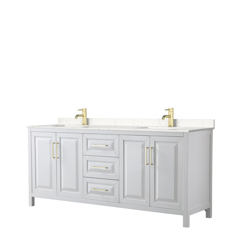 Wyndham Daria 80" Double Bathroom Vanity In White Light-Vein Carrara Cultured Marble Countertop Undermount Square Sinks Brushed Gold Trims And No Mirror WCV252580DWGC2UNSMXX