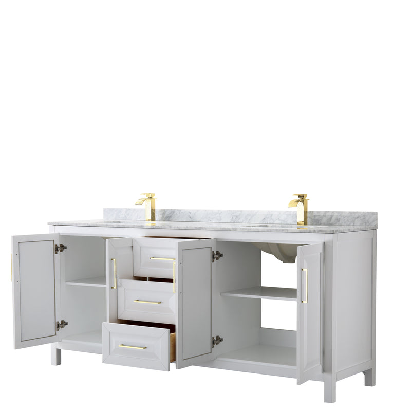 Wyndham Daria 80" Double Bathroom Vanity In White White Carrara Marble Countertop Undermount Square Sinks Brushed Gold Trims and No Mirror WCV252580DWGCMUNSMXX