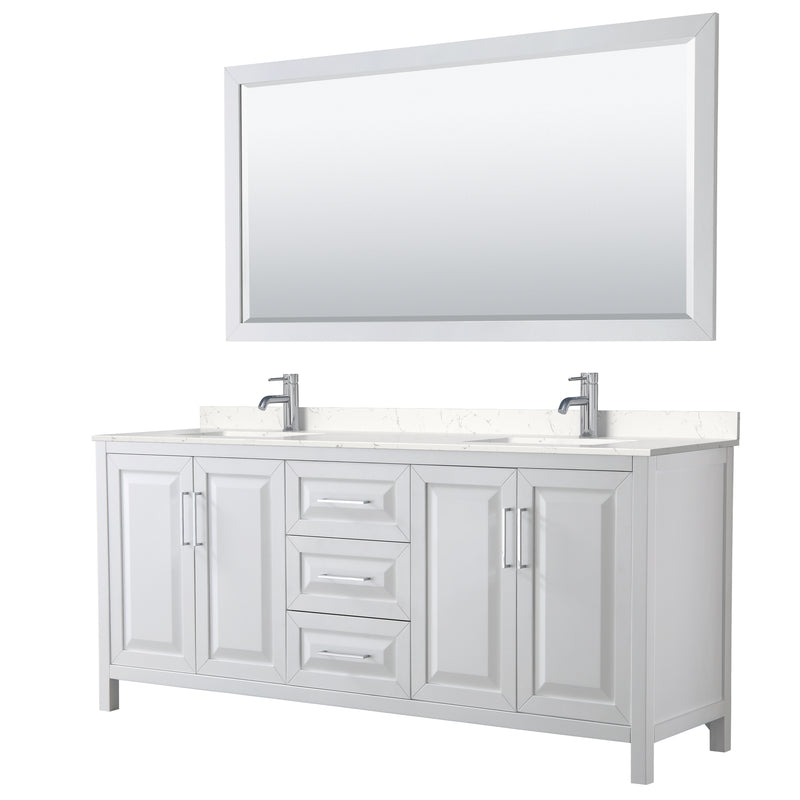 Wyndham Daria 80" Double Bathroom Vanity In White Light-Vein Carrara Cultured Marble Countertop Undermount Square Sinks And 70" Mirror WCV252580DWHC2UNSM70