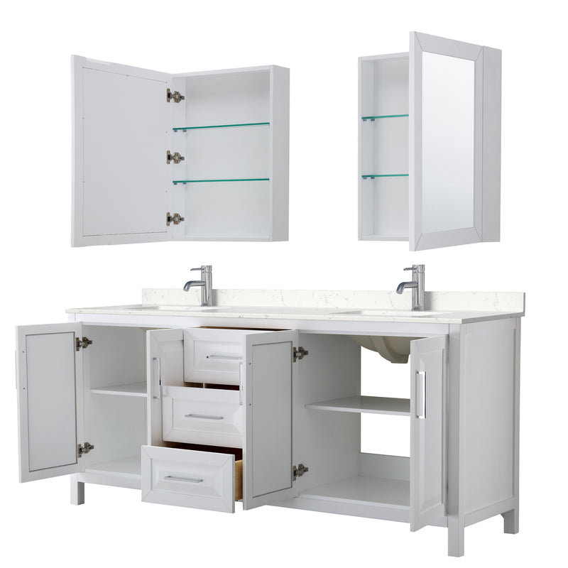 Wyndham Daria 80" Double Bathroom Vanity In White Light-Vein Carrara Cultured Marble Countertop Undermount Square Sinks and Medicine Cabinets WCV252580DWHC2UNSMED