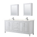 Wyndham Daria 80" Double Bathroom Vanity In White Light-Vein Carrara Cultured Marble Countertop Undermount Square Sinks And Medicine Cabinets WCV252580DWHC2UNSMED