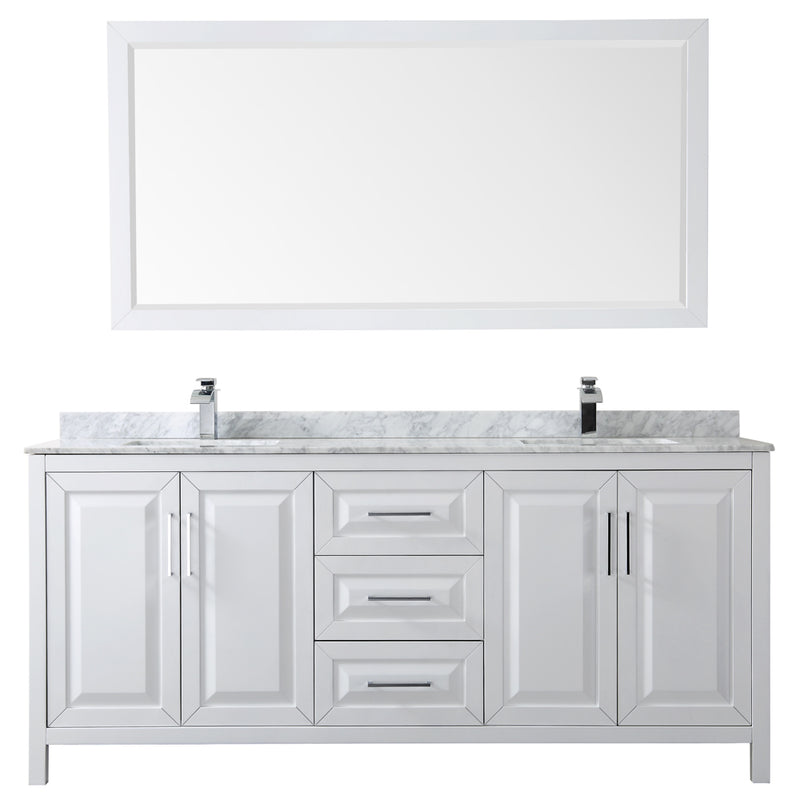 Wyndham Daria 80" Double Bathroom Vanity In White White Carrara Marble Countertop Undermount Square Sink and 70" Mirror WCV252580DWHCMUNSM70