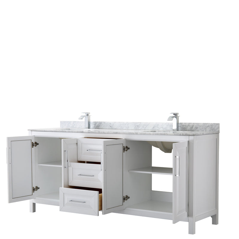 Wyndham Daria 80" Double Bathroom Vanity In White White Carrara Marble Countertop Undermount Square Sink and No Mirror WCV252580DWHCMUNSMXX