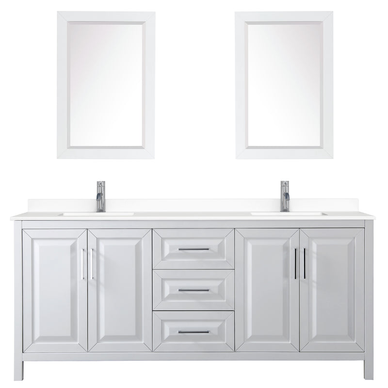 Wyndham Daria 80" Double Bathroom Vanity In White White Cultured Marble Countertop Undermount Square Sinks and 24" Mirrors WCV252580DWHWCUNSM24