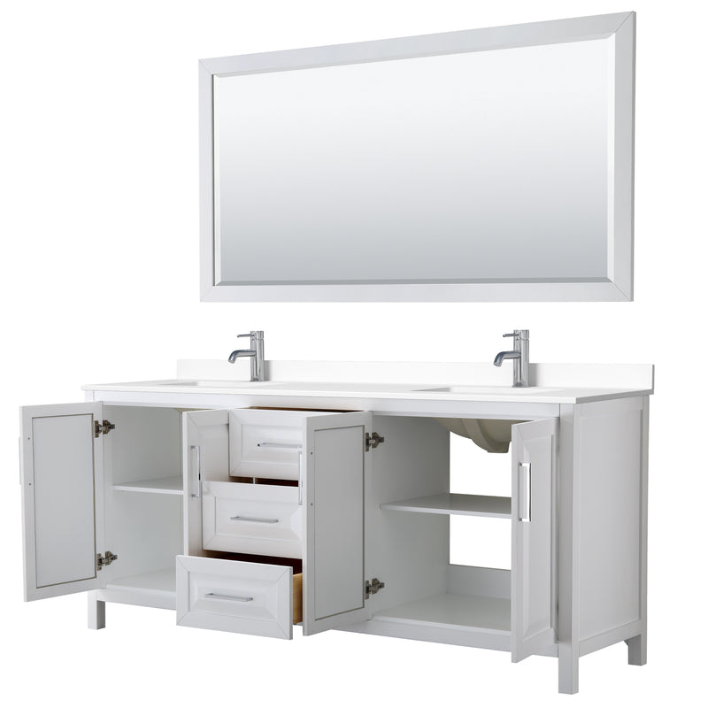 Wyndham Daria 80" Double Bathroom Vanity In White White Cultured Marble Countertop Undermount Square Sinks and 70" Mirror WCV252580DWHWCUNSM70