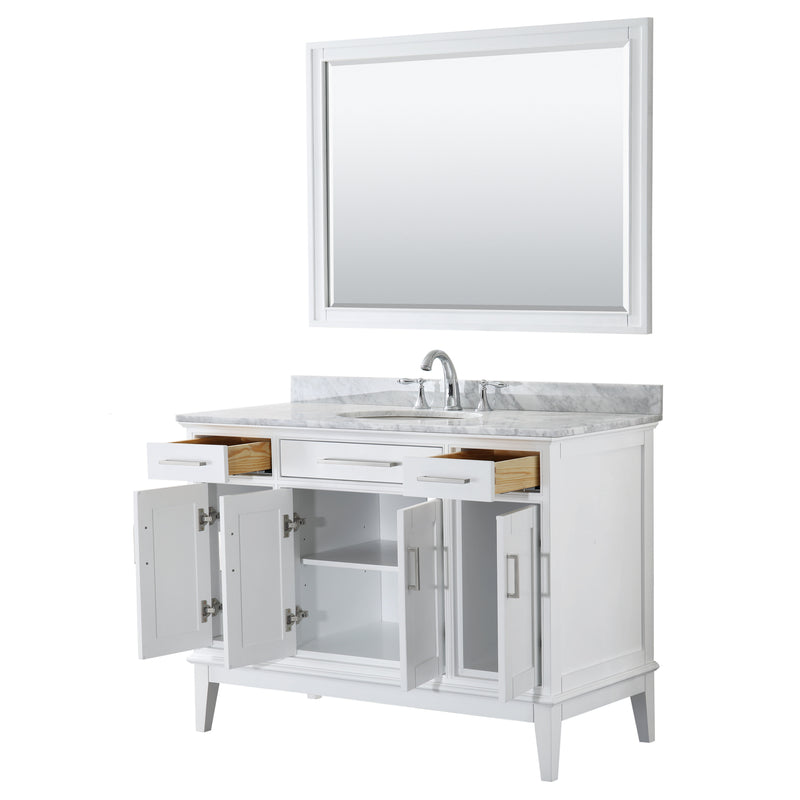 Wyndham Margate 48" Single Bathroom Vanity In White White Carrara Marble Countertop Undermount Oval Sink and 44" Mirror WCV303048SWHCMUNOM44