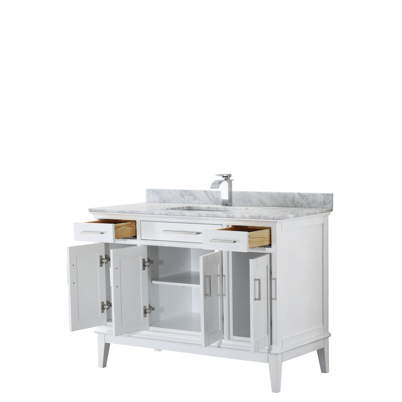 Wyndham Margate 48" Single Bathroom Vanity In White White Carrara Marble Countertop Undermount Square Sink and No Mirror WCV303048SWHCMUNSMXX