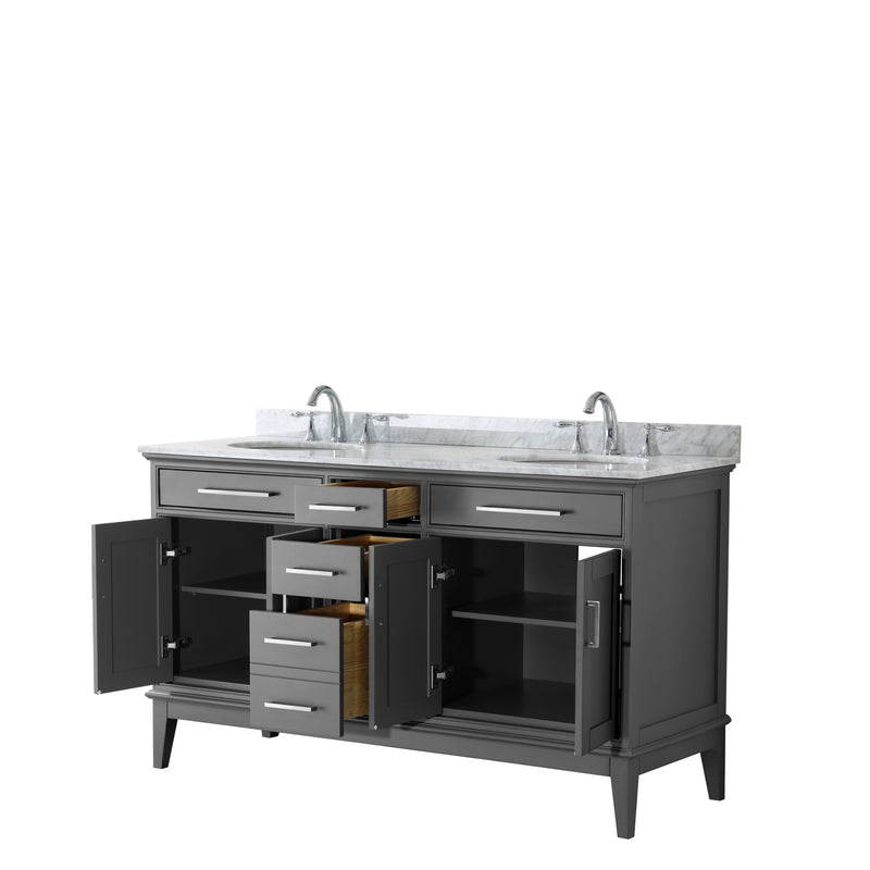 Wyndham Margate 60" Double Bathroom Vanity In Dark Gray White Carrara Marble Countertop Undermount Oval Sinks and No Mirror WCV303060DKGCMUNOMXX