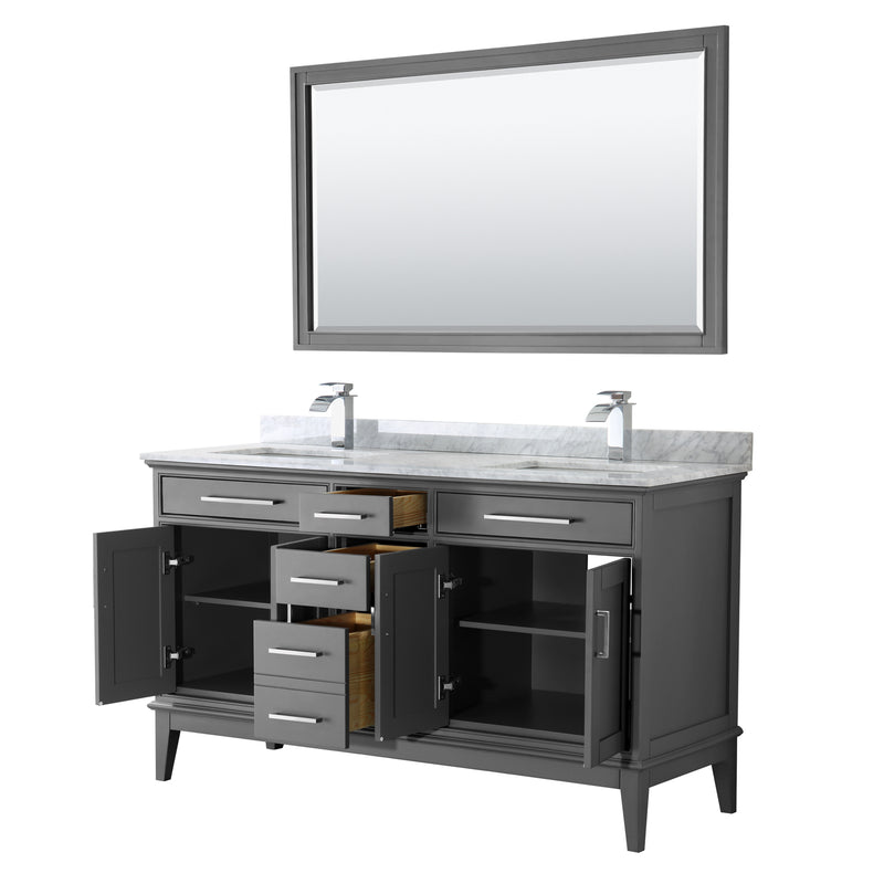 Wyndham Margate 60" Double Bathroom Vanity In Dark Gray White Carrara Marble Countertop Undermount Square Sinks and 56" Mirror WCV303060DKGCMUNSM56