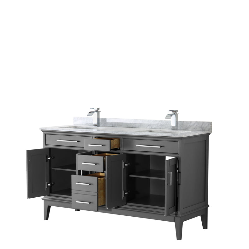 Wyndham Margate 60" Double Bathroom Vanity In Dark Gray White Carrara Marble Countertop Undermount Square Sinks and No Mirror WCV303060DKGCMUNSMXX