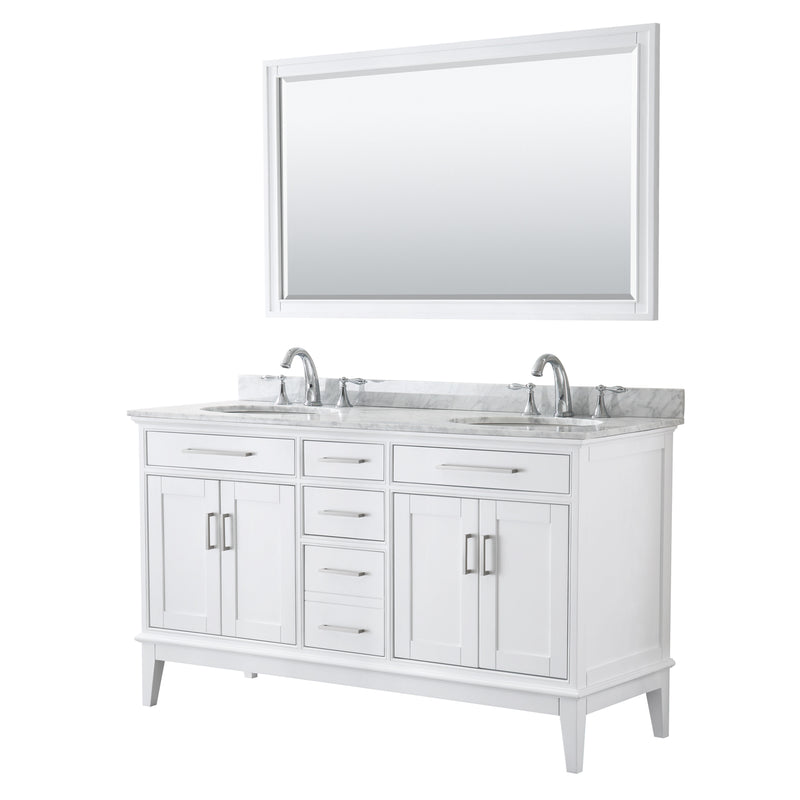 Wyndham Margate 60" Double Bathroom Vanity In White White Carrara Marble Countertop Undermount Oval Sinks And 56" Mirror WCV303060DWHCMUNOM56