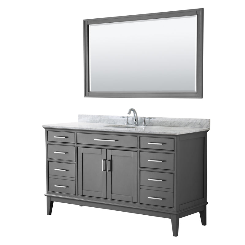 Wyndham Margate 60" Single Bathroom Vanity In Dark Gray White Carrara Marble Countertop Undermount Oval Sink And 56" Mirror WCV303060SKGCMUNOM56