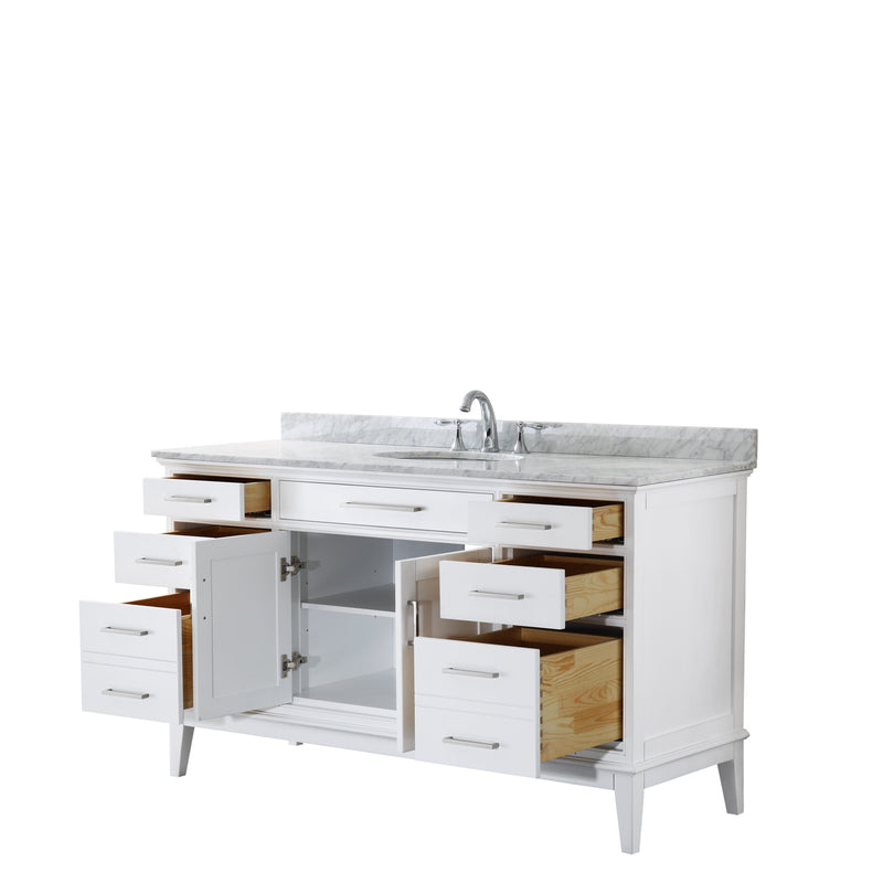 Wyndham Margate 60" Single Bathroom Vanity In White White Carrara Marble Countertop Undermount Oval Sink and No Mirror WCV303060SWHCMUNOMXX