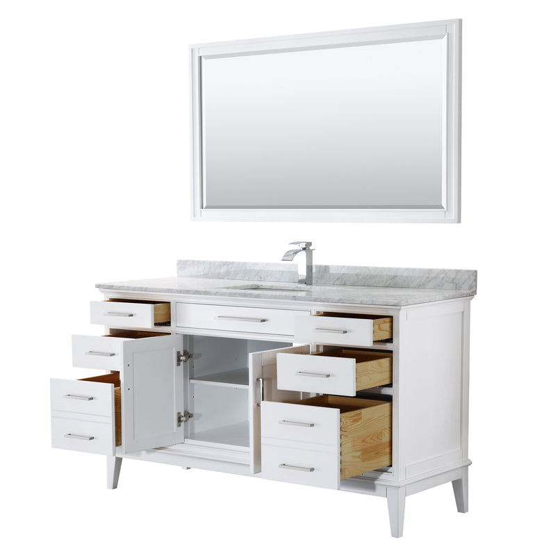 Wyndham Margate 60" Single Bathroom Vanity In White White Carrara Marble Countertop Undermount Square Sink and 56" Mirror WCV303060SWHCMUNSM56