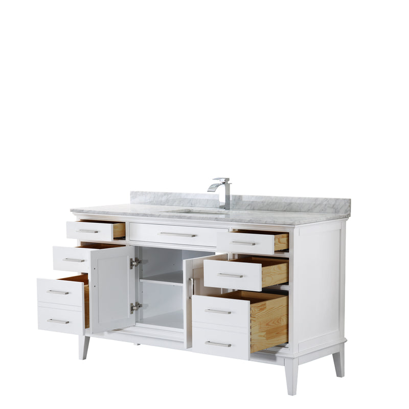 Wyndham Margate 60" Single Bathroom Vanity In White White Carrara Marble Countertop Undermount Square Sink and No Mirror WCV303060SWHCMUNSMXX