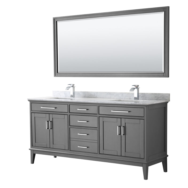 Wyndham Margate 72" Double Bathroom Vanity In Dark Gray White Carrara Marble Countertop Undermount Square Sinks And 70" Mirror WCV303072DKGCMUNSM70