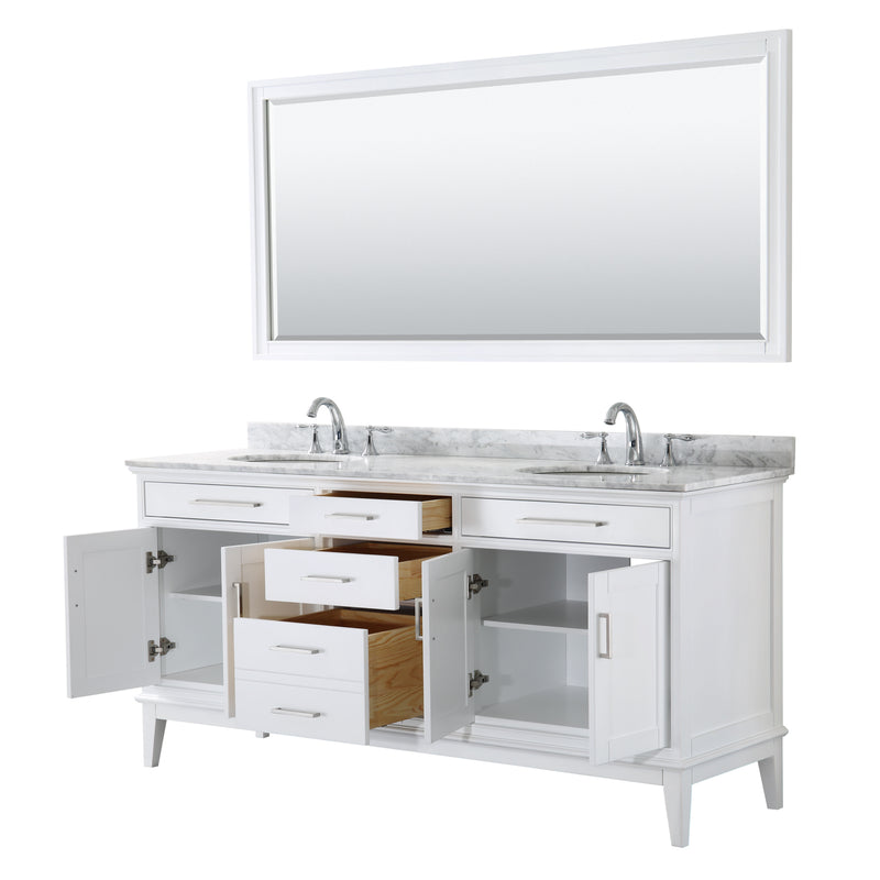 Wyndham Margate 72" Double Bathroom Vanity In White White Carrara Marble Countertop Undermount Oval Sinks and 70" Mirror WCV303072DWHCMUNOM70