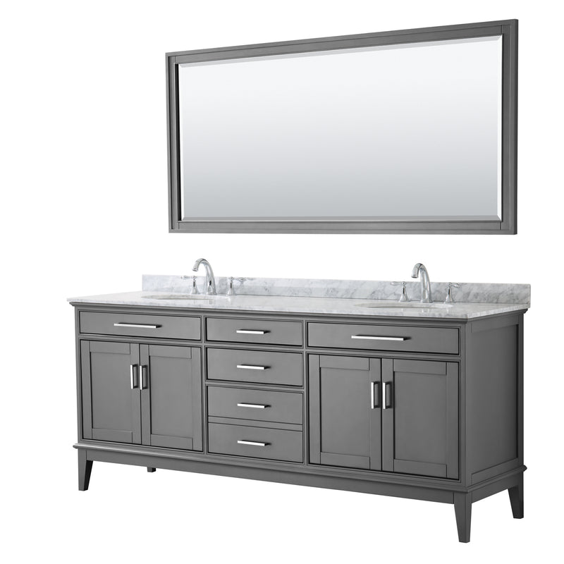 Wyndham Margate 80" Double Bathroom Vanity In Dark Gray White Carrara Marble Countertop Undermount Oval Sinks And 70" Mirror WCV303080DKGCMUNOM70