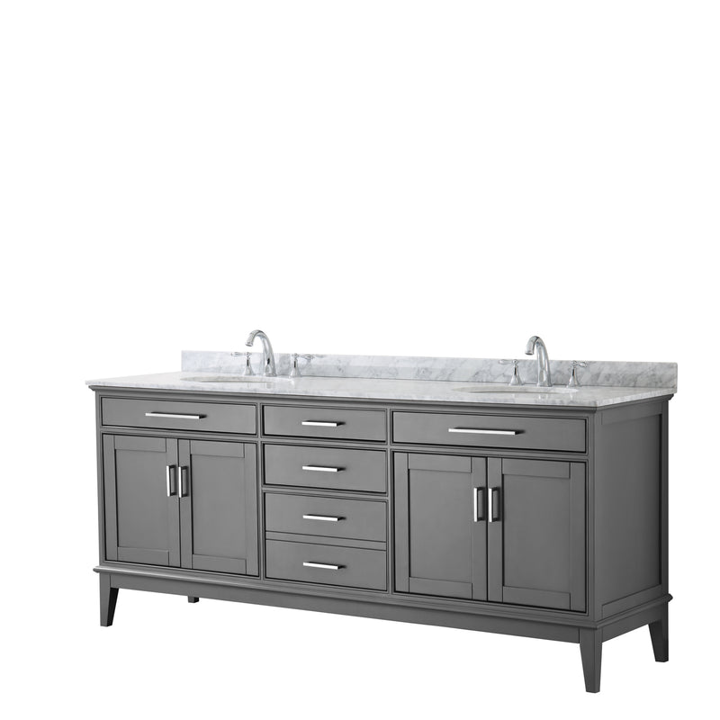 Wyndham Margate 80" Double Bathroom Vanity In Dark Gray White Carrara Marble Countertop Undermount Oval Sinks And No Mirror WCV303080DKGCMUNOMXX