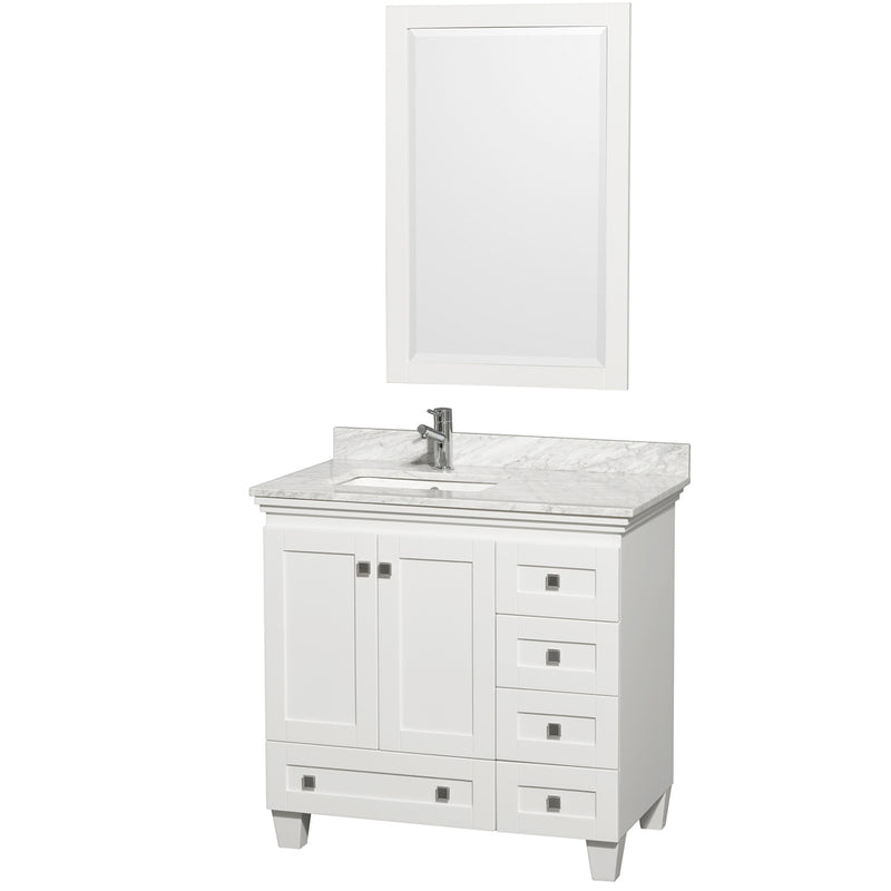 Wyndham Acclaim 36" Single Bathroom Vanity In White White Carrara Marble Countertop Undermount Square Sink And 24" Mirror WCV800036SWHCMUNSM24