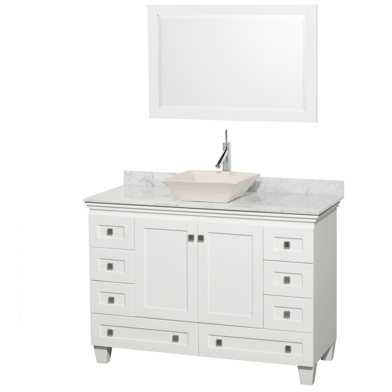 Wyndham Acclaim 48" Single Bathroom Vanity In White White Carrara Marble Countertop Pyra Bone Sink And 24" Mirror WCV800048SWHCMD2BM24