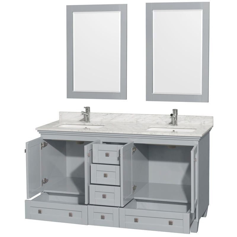 Wyndham Acclaim 60" Double Bathroom Vanity In Oyster Gray White Carrara Marble Countertop Undermount Square Sinks and 24" Mirrors WCV800060DOYCMUNSM24