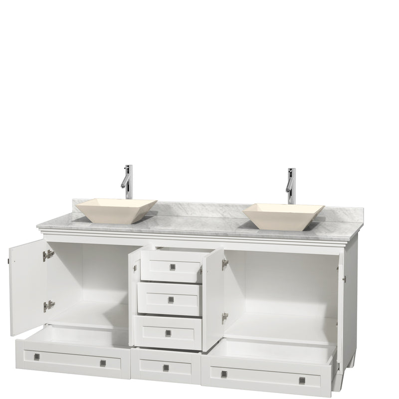 Wyndham Acclaim 72" Double Bathroom Vanity In White White Carrara Marble Countertop Pyra Bone Sinks and No Mirrors WCV800072DWHCMD2BMXX