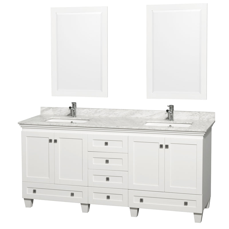 Wyndham Acclaim 72" Double Bathroom Vanity In White White Carrara Marble Countertop Undermount Square Sinks And 24" Mirrors WCV800072DWHCMUNSM24
