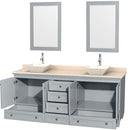 Wyndham AAA Acclaim 80" Double Bathroom Vanity In Oyster Gray Ivory Marble Countertop Pyra Bone Porcelain Sinks and 24" Mirrors WCV800080DOYIVD2BM24
