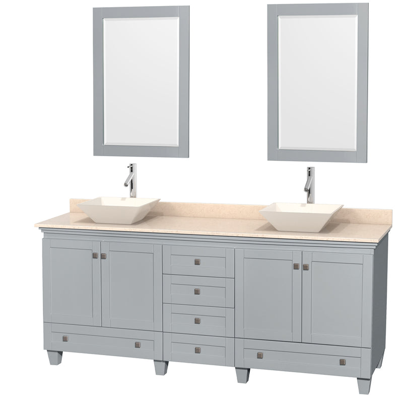 Wyndham AAA Acclaim 80" Double Bathroom Vanity In Oyster Gray Ivory Marble Countertop Pyra Bone Porcelain Sinks And 24" Mirrors WCV800080DOYIVD2BM24