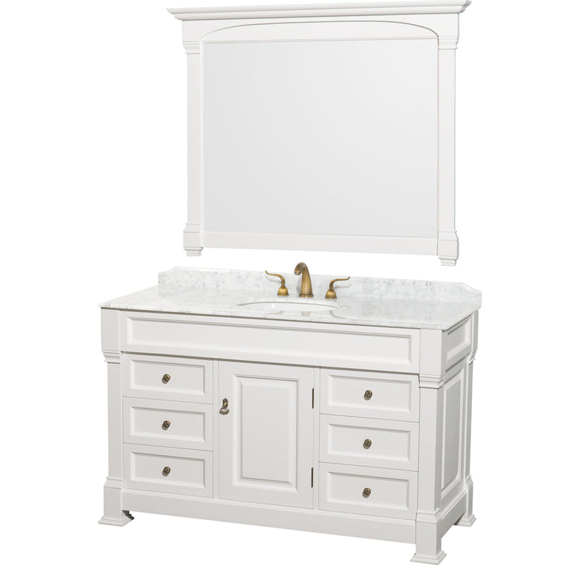 Wyndham Andover 55" Single Bathroom Vanity In White White Carrara Marble Countertop White Undermount Sink And 50" Mirror WCVTS55WHCW