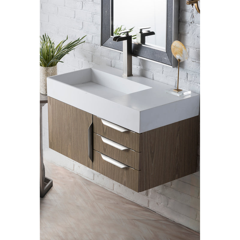 James Martin Mercer Island 36" Single Vanity Ash Gray with Glossy White Composite Top 389-V36-AGR-A-GW