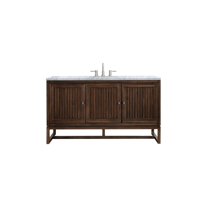 James Martin Athens 60" Single Vanity Cabinet Mid Century Acacia with 3 cm Carrara White Top E645-V60S-MCA-3CAR