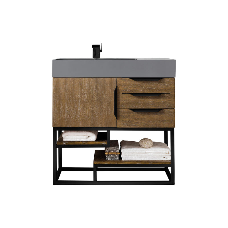 James Martin Columbia 36" Single Vanity Latte Oak Matte Black with Dusk Gray Glossy Composite Top 388-V36-LTO-MB-DGG